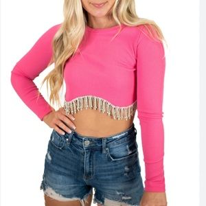 Rhinestone Fringe Long Sleeve Ribbed Crop Top NWT